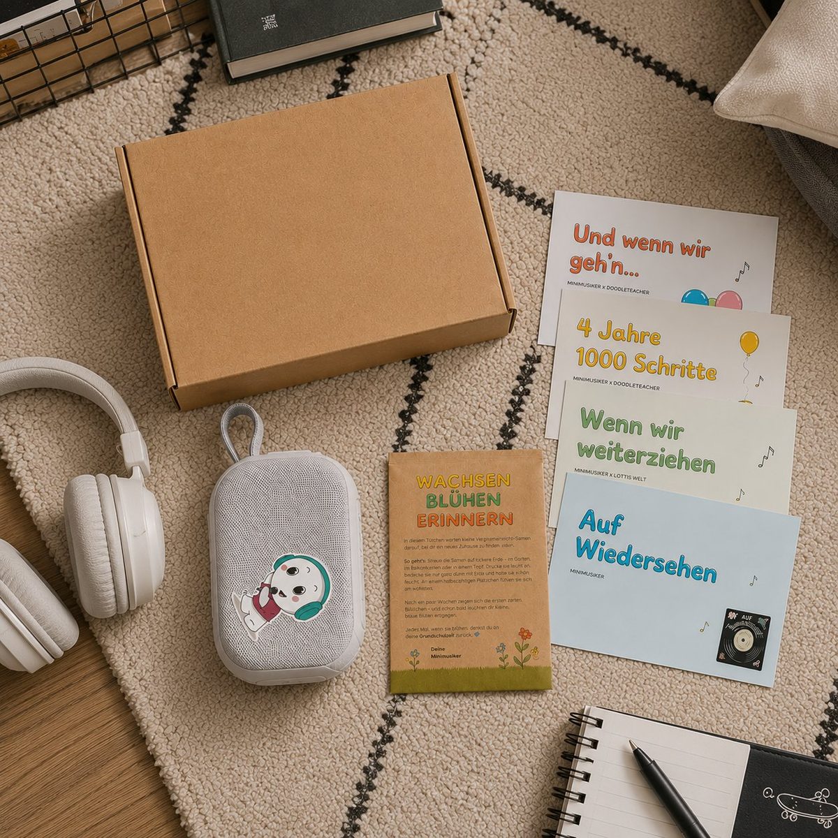 Box-Inhalt auf einem Teppich arrangiert: Karton, Bluetooth-Box, vier Textkarten, Kopfhörer und Notizbuch daneben.