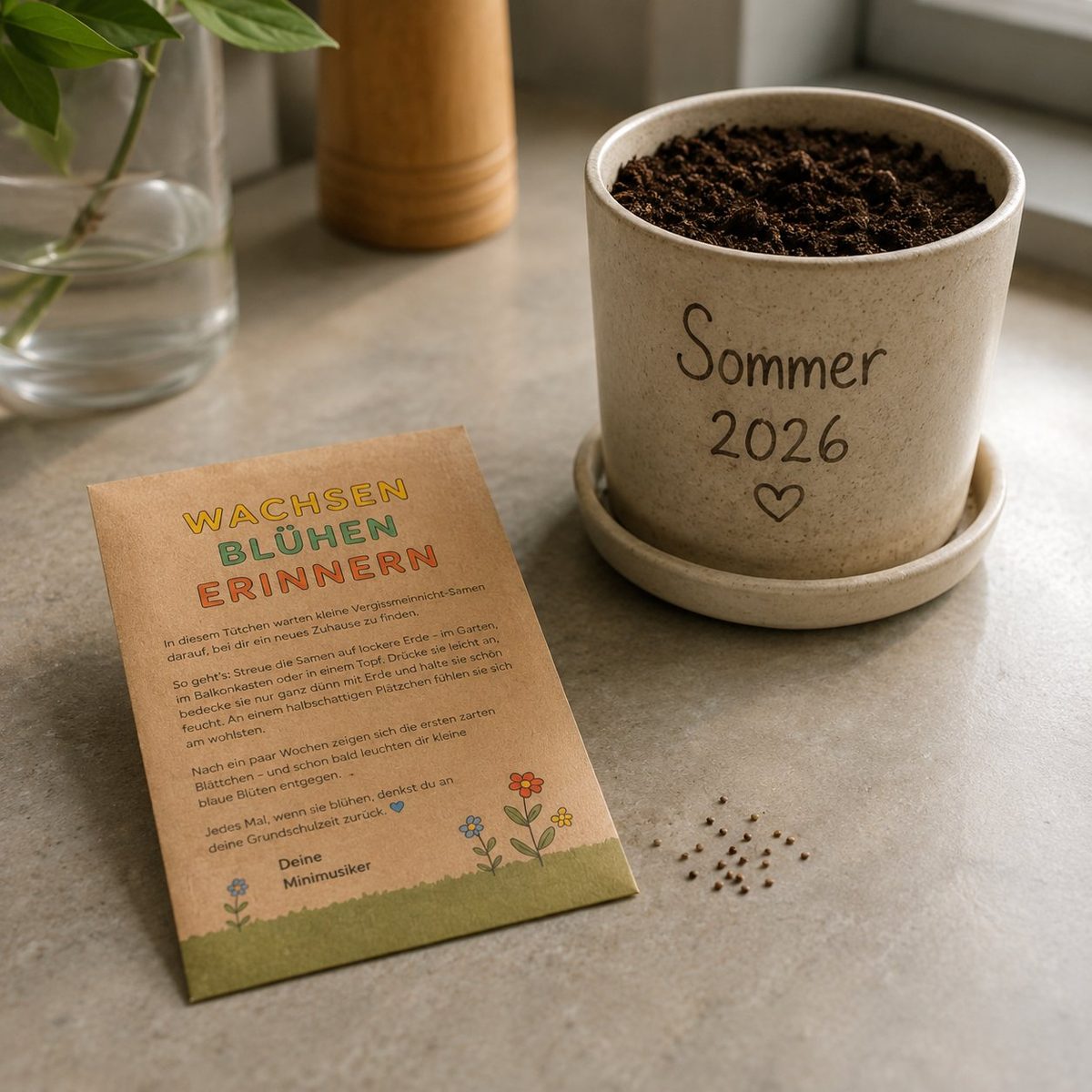 Samentütchen mit der Aufschrift „Wachsen, Blühen, Erinnern“ neben einem Tontopf mit Erde und Gravur „Sommer 2026“.